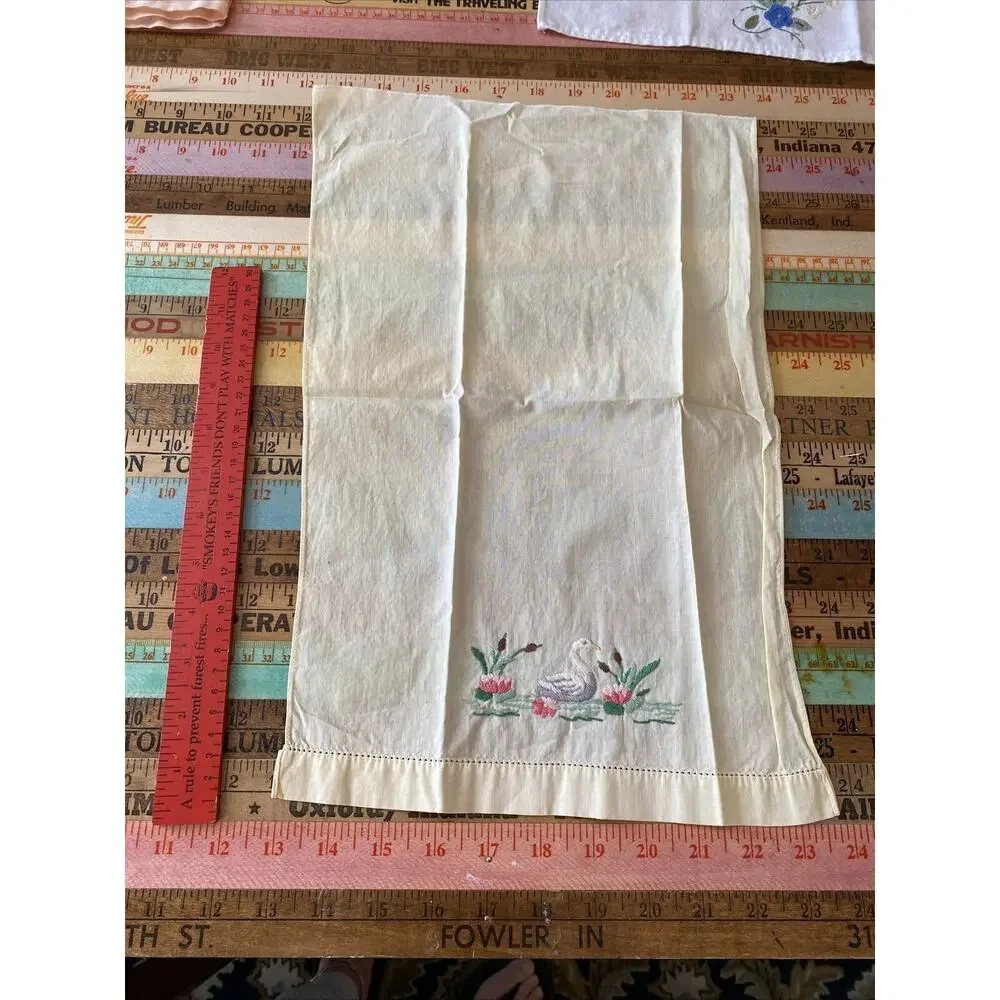 VINTAGE Hand Embroidered Lot Of 4 Dresser Scarf Guest Towel Cotton LINEN Floral